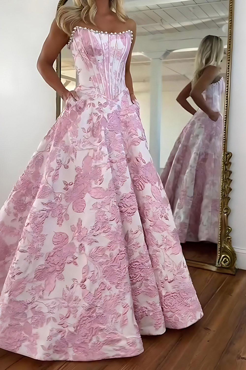 Sparkly Grey Blue Flower Corset Strapless Long Prom Dress with Beading