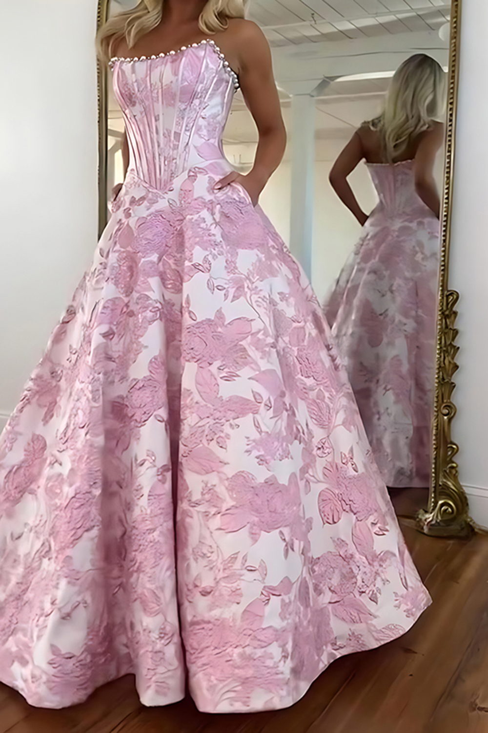 Sparkly Grey Blue Flower Corset Strapless Long Prom Dress with Beading