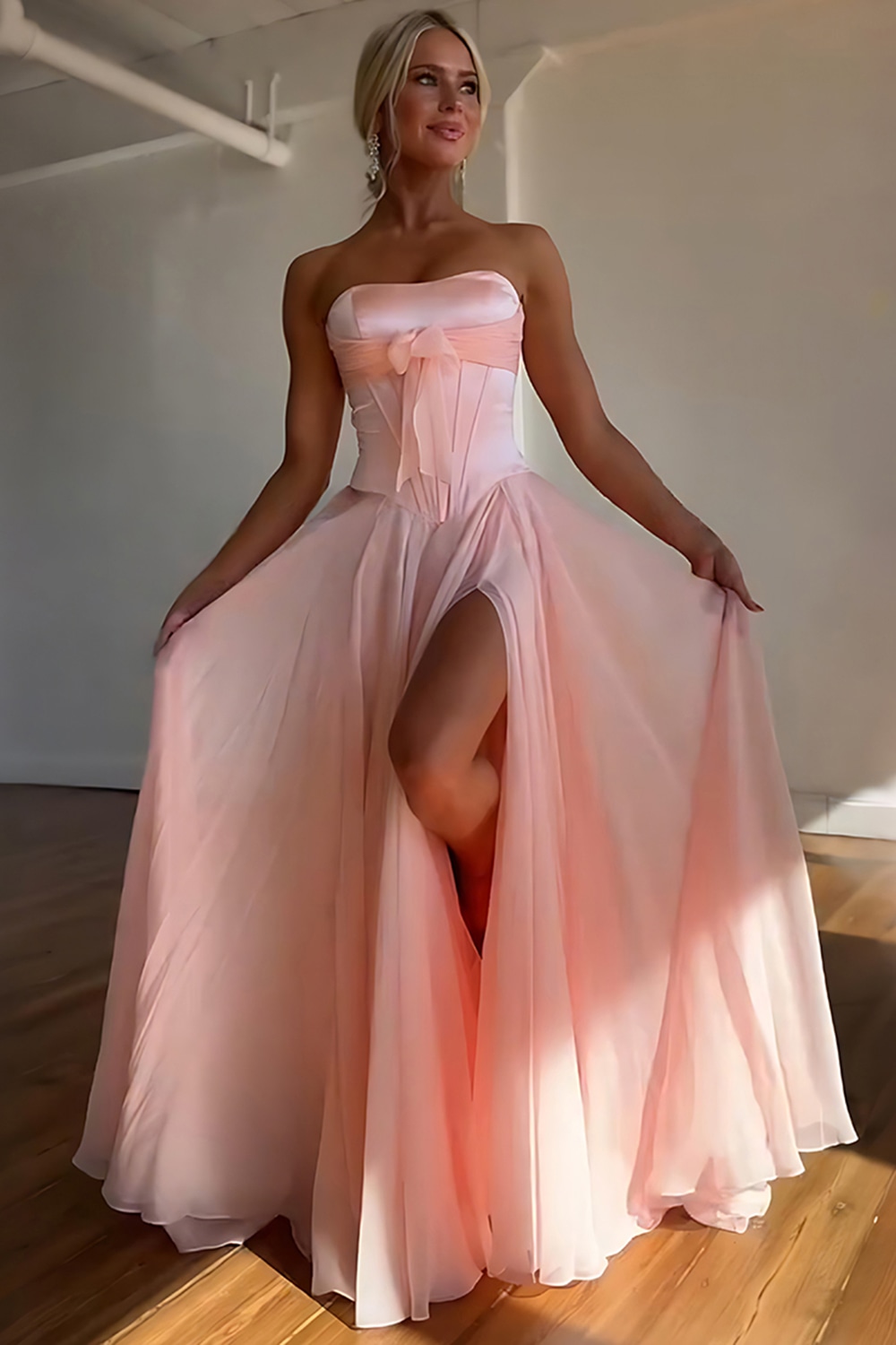 Blue Corset A Line Strapless Long Prom Dress with Slit