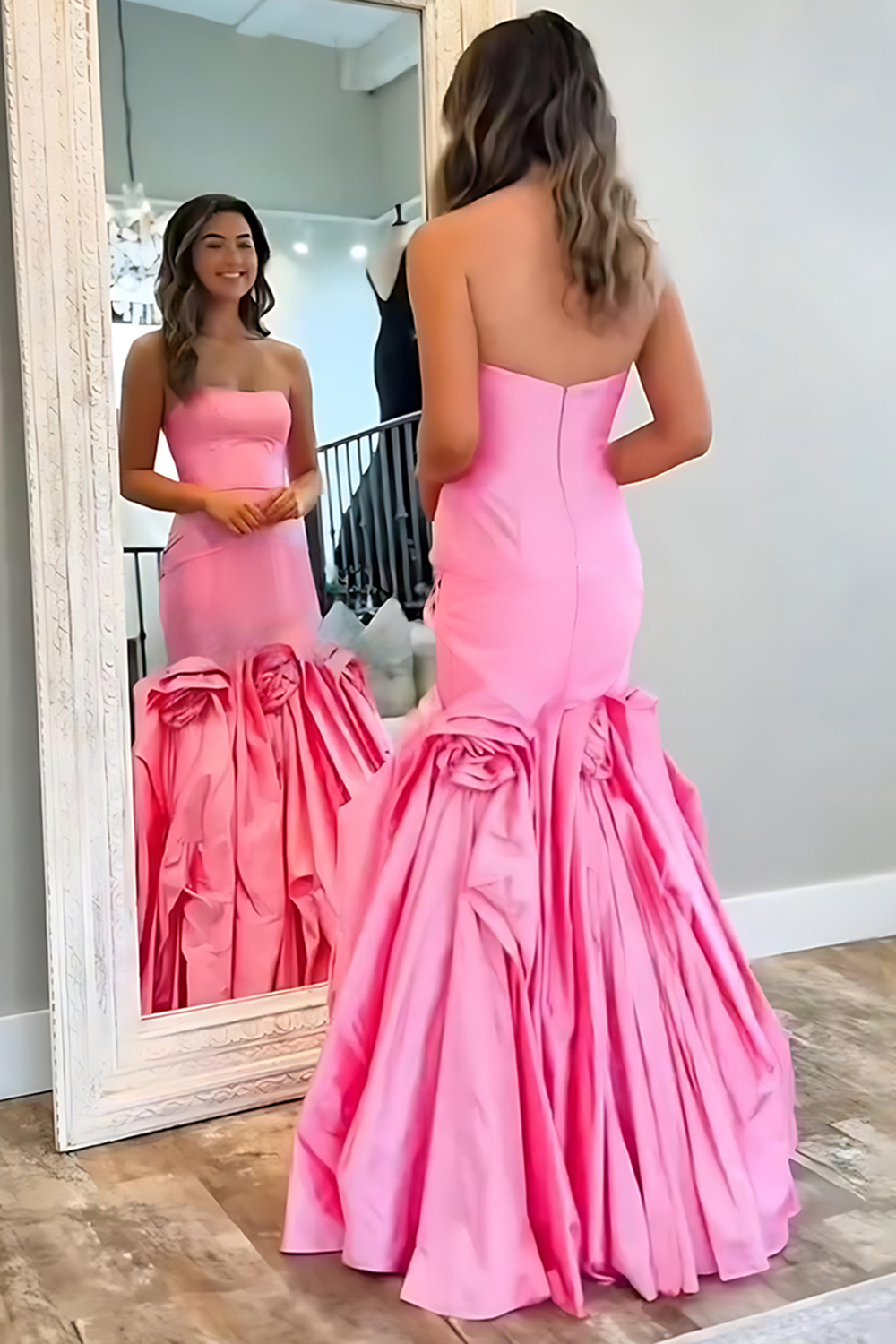 Hot Pink Floral Mermaid Strapless Long Prom Dress