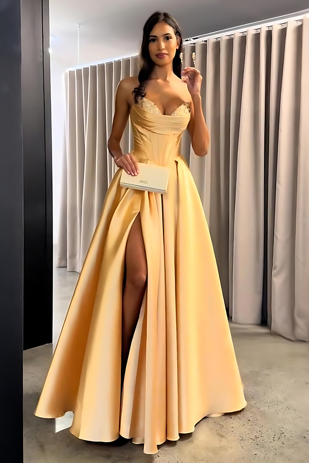 Sparkly Golden Sweetheart Corset Beaded Long Prom Dress with Slit
