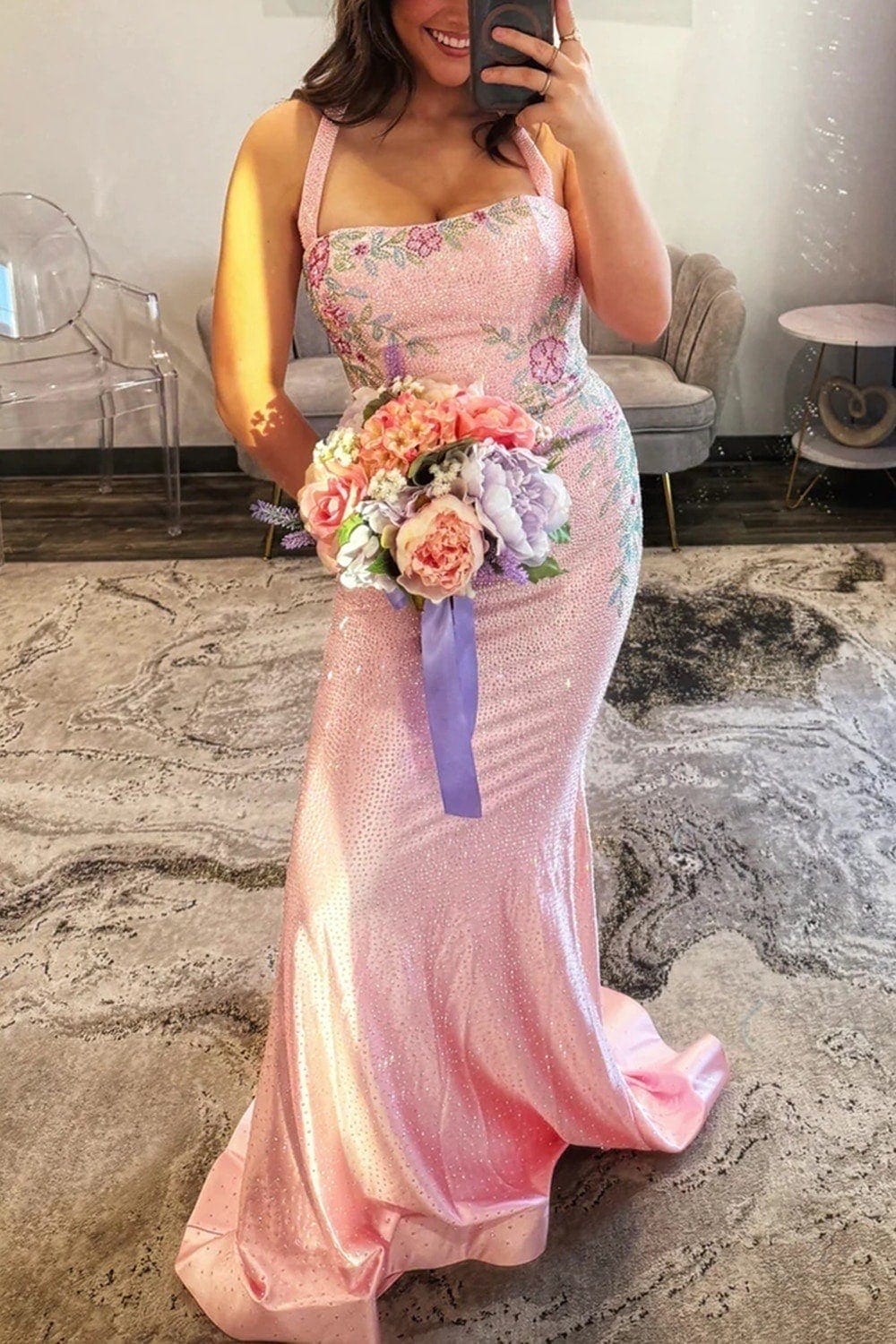 Sparkly Floral Lilac Mermaid Corset Halter Long Prom Dress
