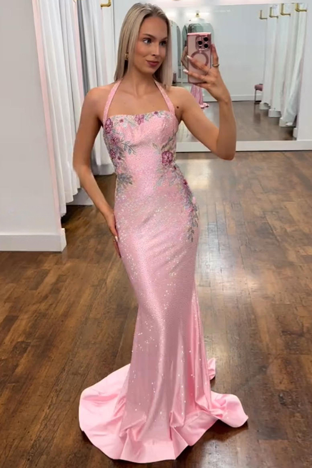 Sparkly Floral White Printed Mermaid Halter Long Prom Dress