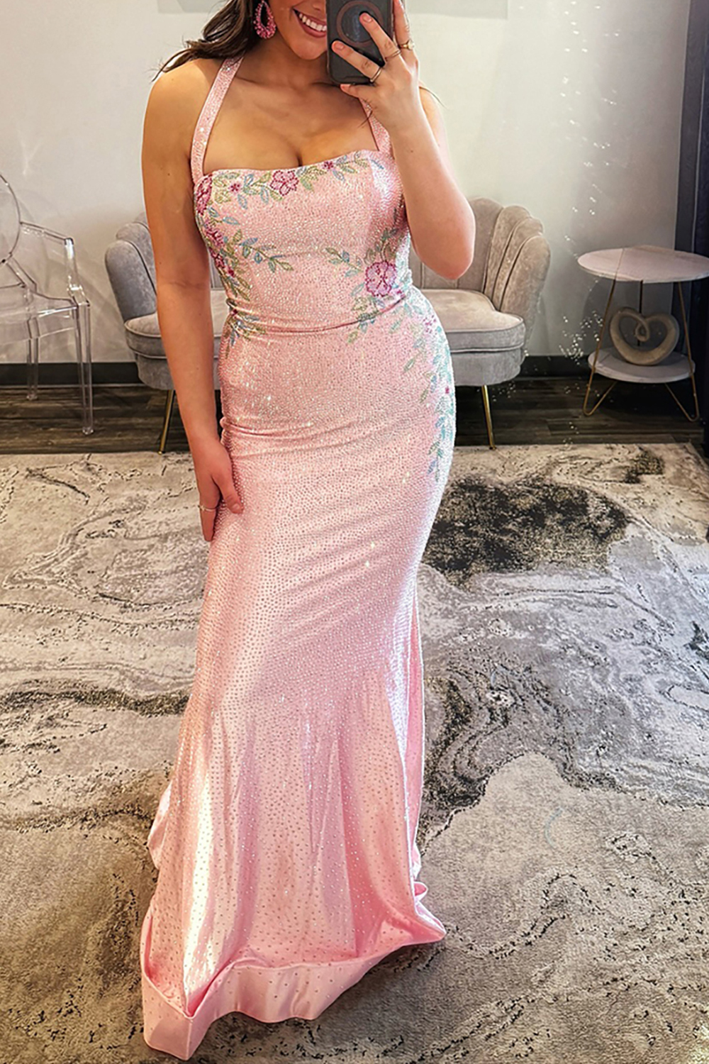 Sparkly Floral White Printed Mermaid Halter Long Prom Dress