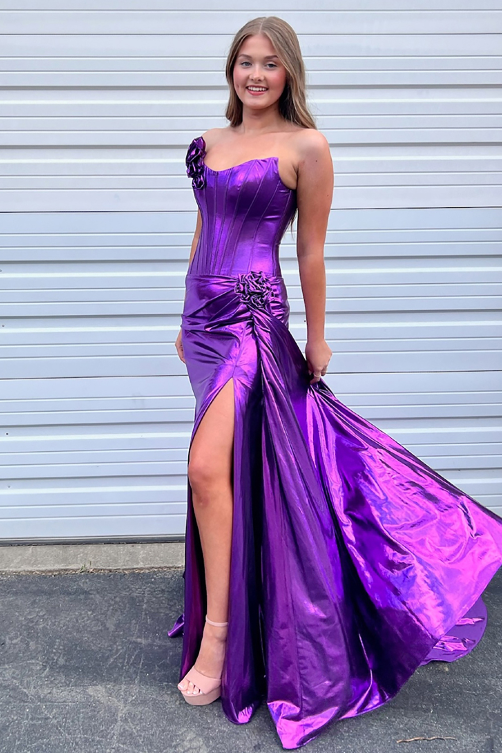 Purple Floral Mermaid Strapless Long Prom Dress with Slit