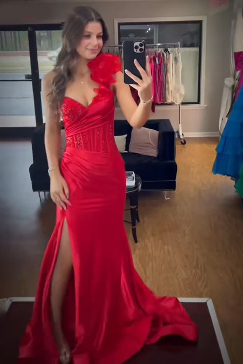 Sparkly Red Mermaid Satin Corset One Shoulder Long Prom Dress with Slit