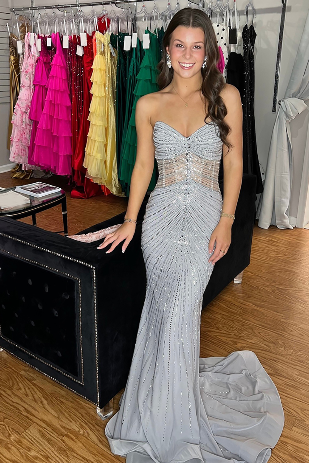 Sparkly Grey Beaded Sweetheart Mermaid Long Prom Dress