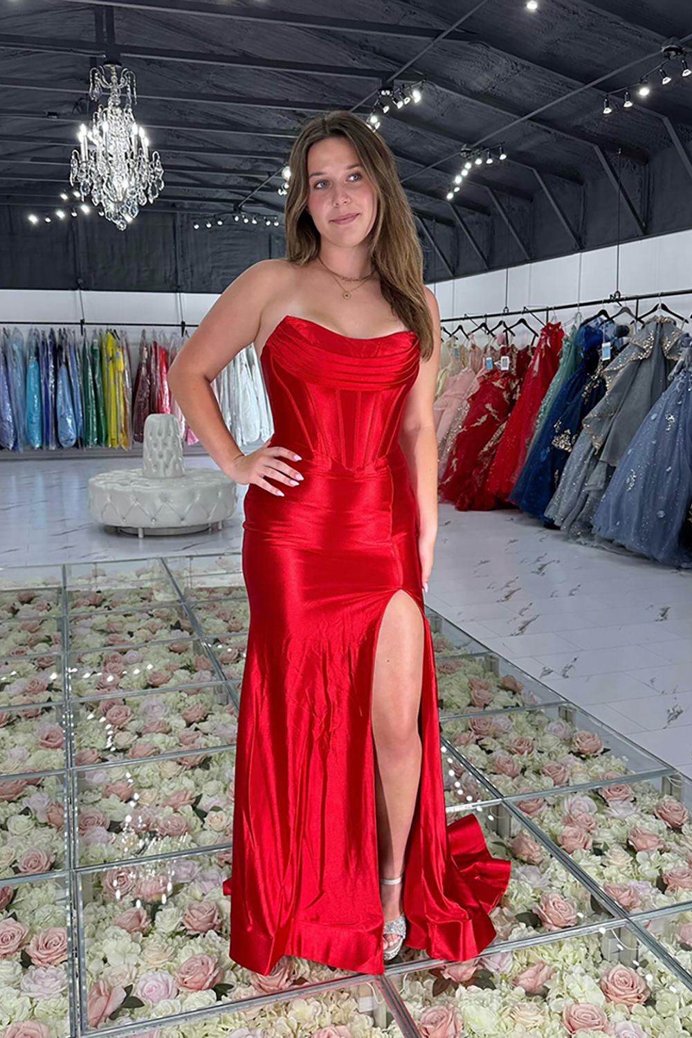 Red Corset Mermaid Strapless Long Prom Dress with Slit