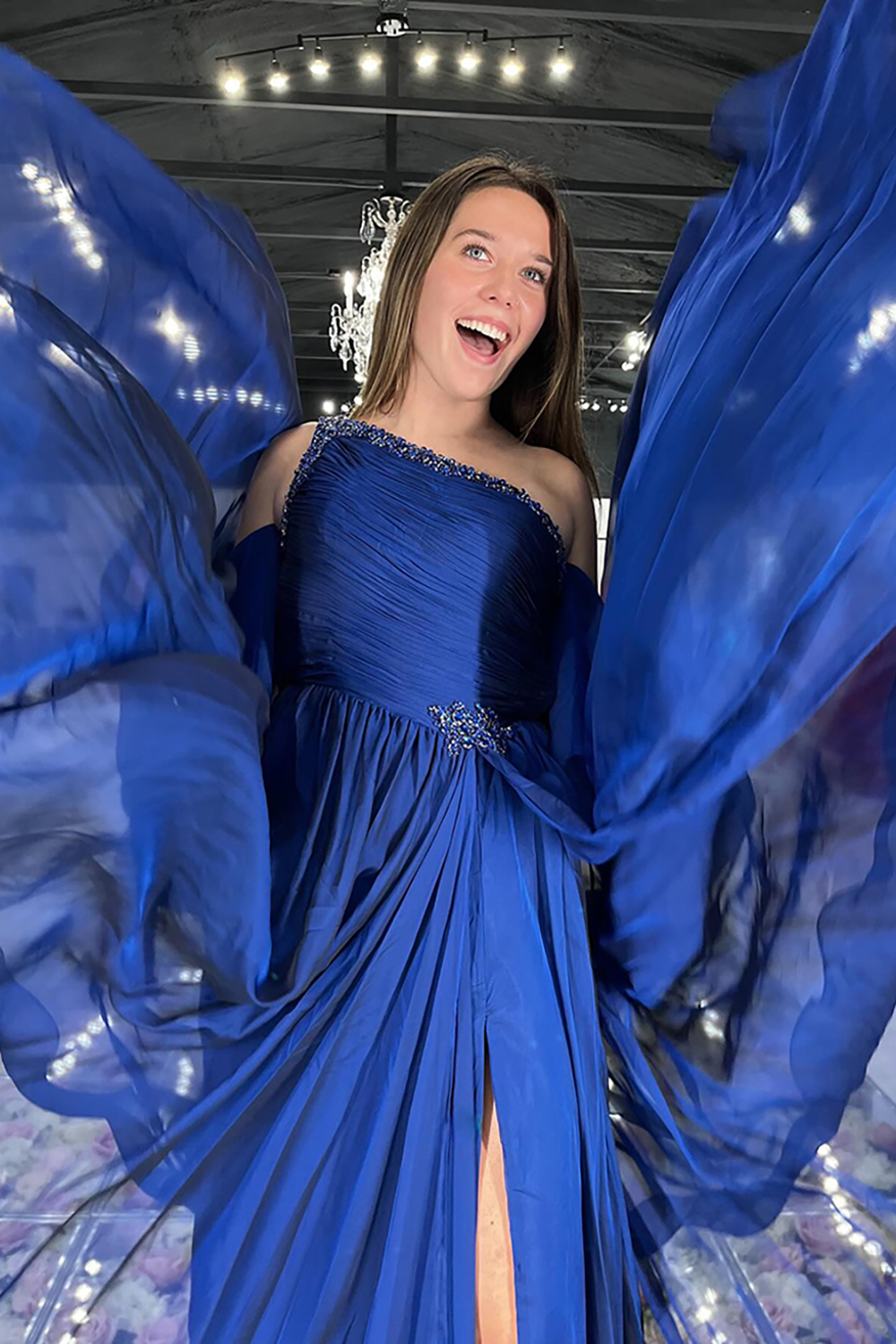 Sparkly Navy Beaded One Shoulder Long Prom Dress with Slit