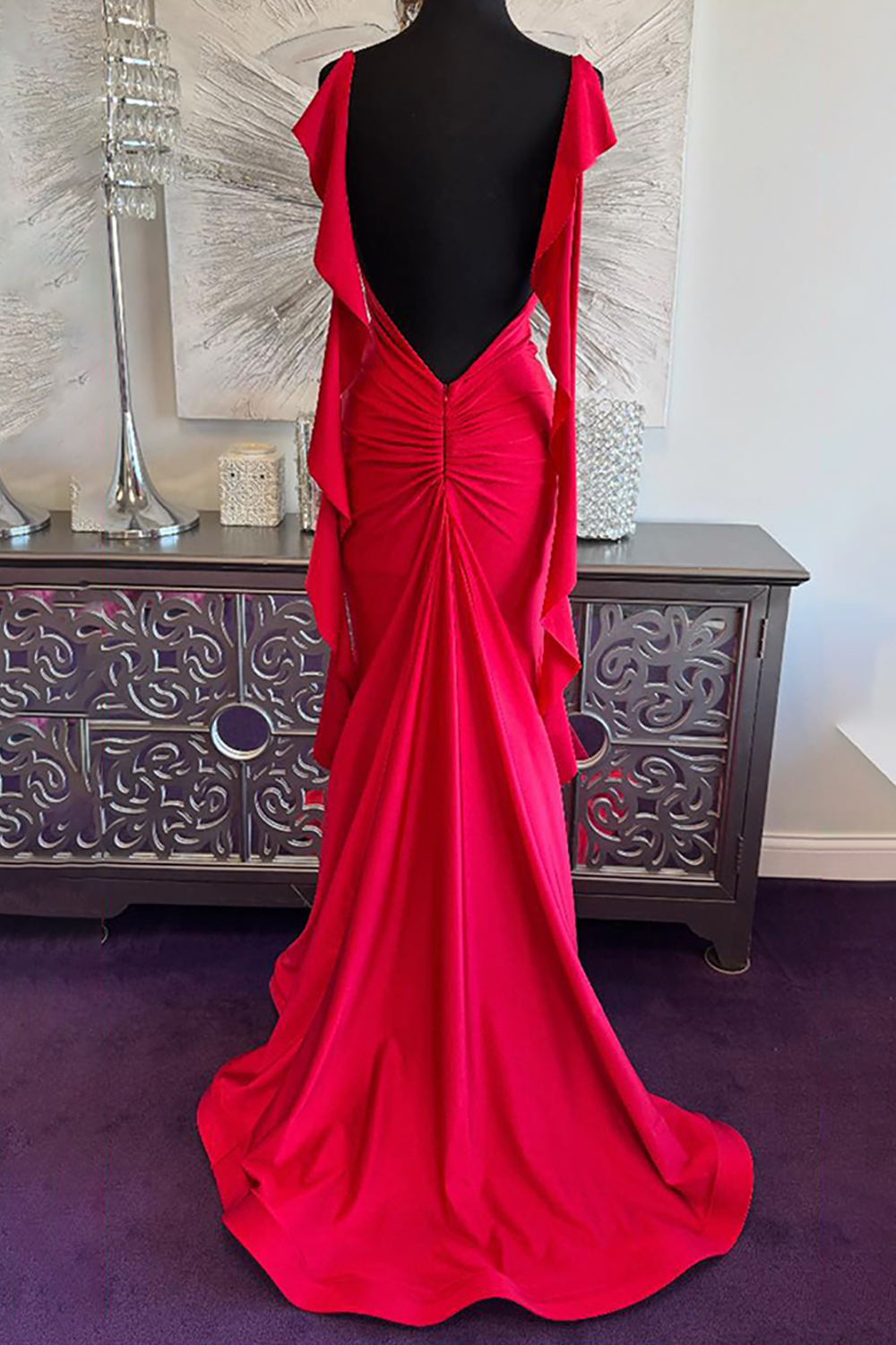 Red V-Neck Mermaid Corset Long Prom Dress with Ruffles