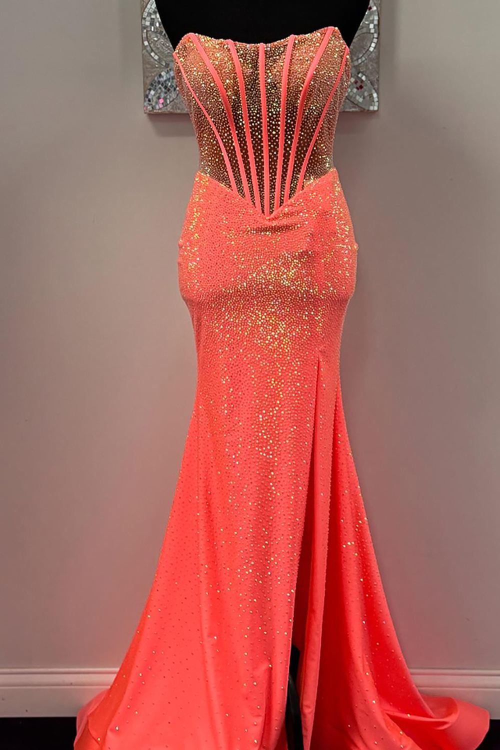 Sparkly Orange Mermaid Corset Beaded Long Prom Dress with Slit