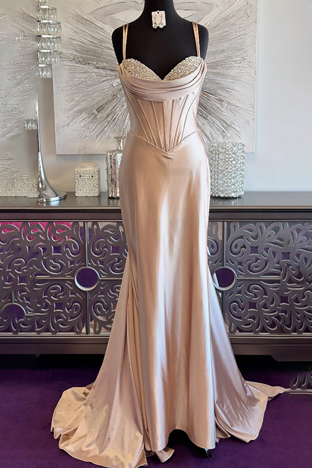 Sparkly Champagne Mermaid Corset Long Prom Dress with Cape