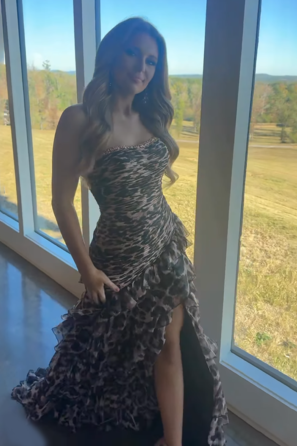 Sparkly Brown Leopard Mermaid Beaded Long Prom Dress with Slit