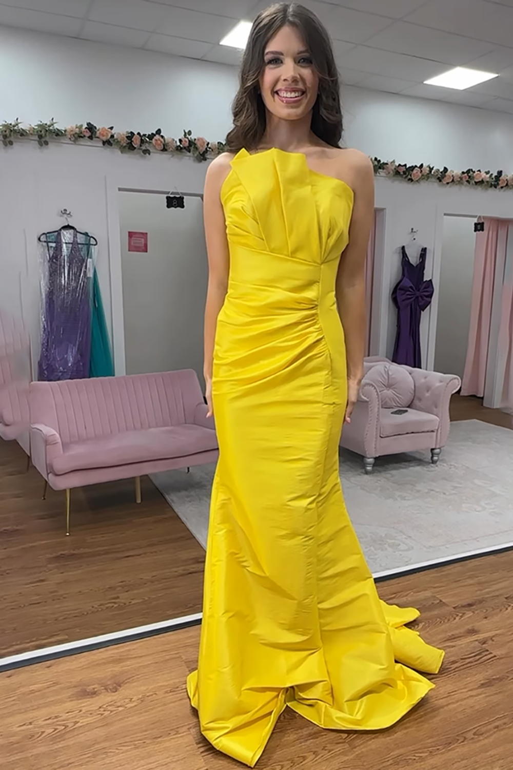 Yellow Mermaid Strapless Ruched Long Prom Dress