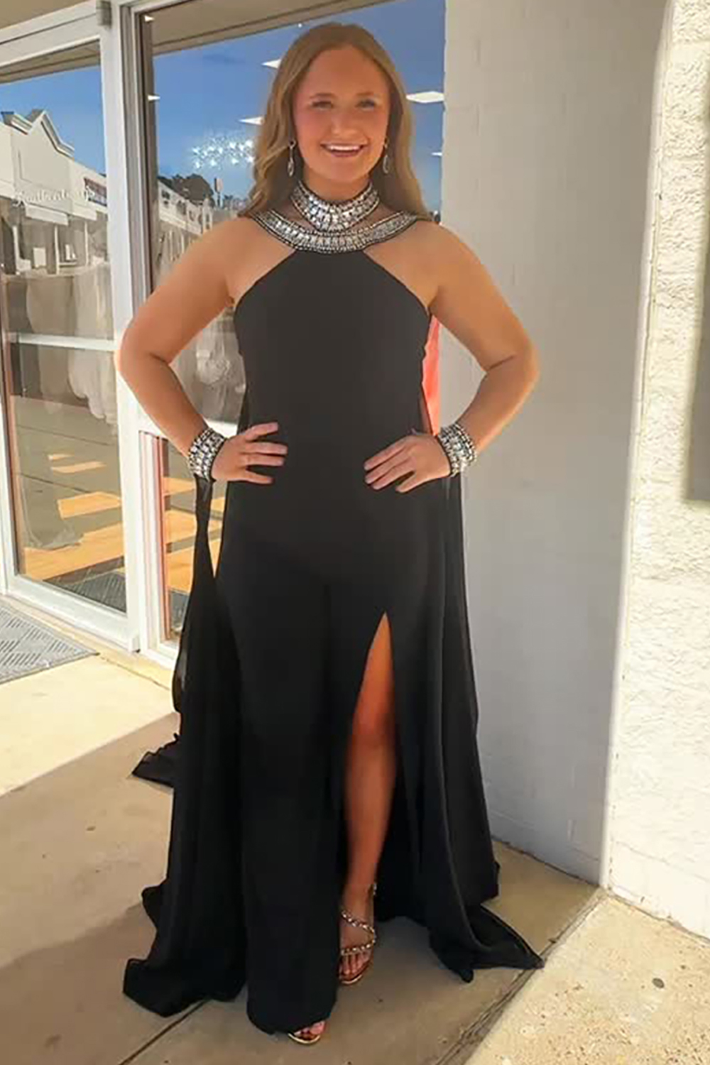 Sparkly Black High Neck Beaded Long Prom Jumpsuits with Cape