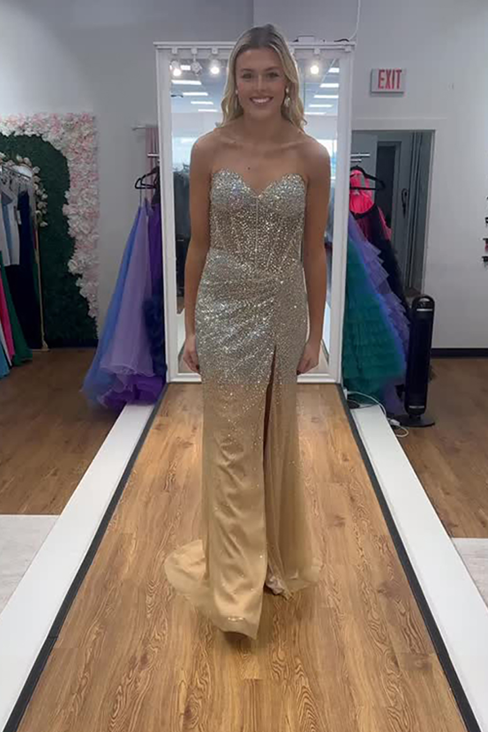 Sparkly Gold Corset Mermaid Beaded Long Prom Dress with Slit