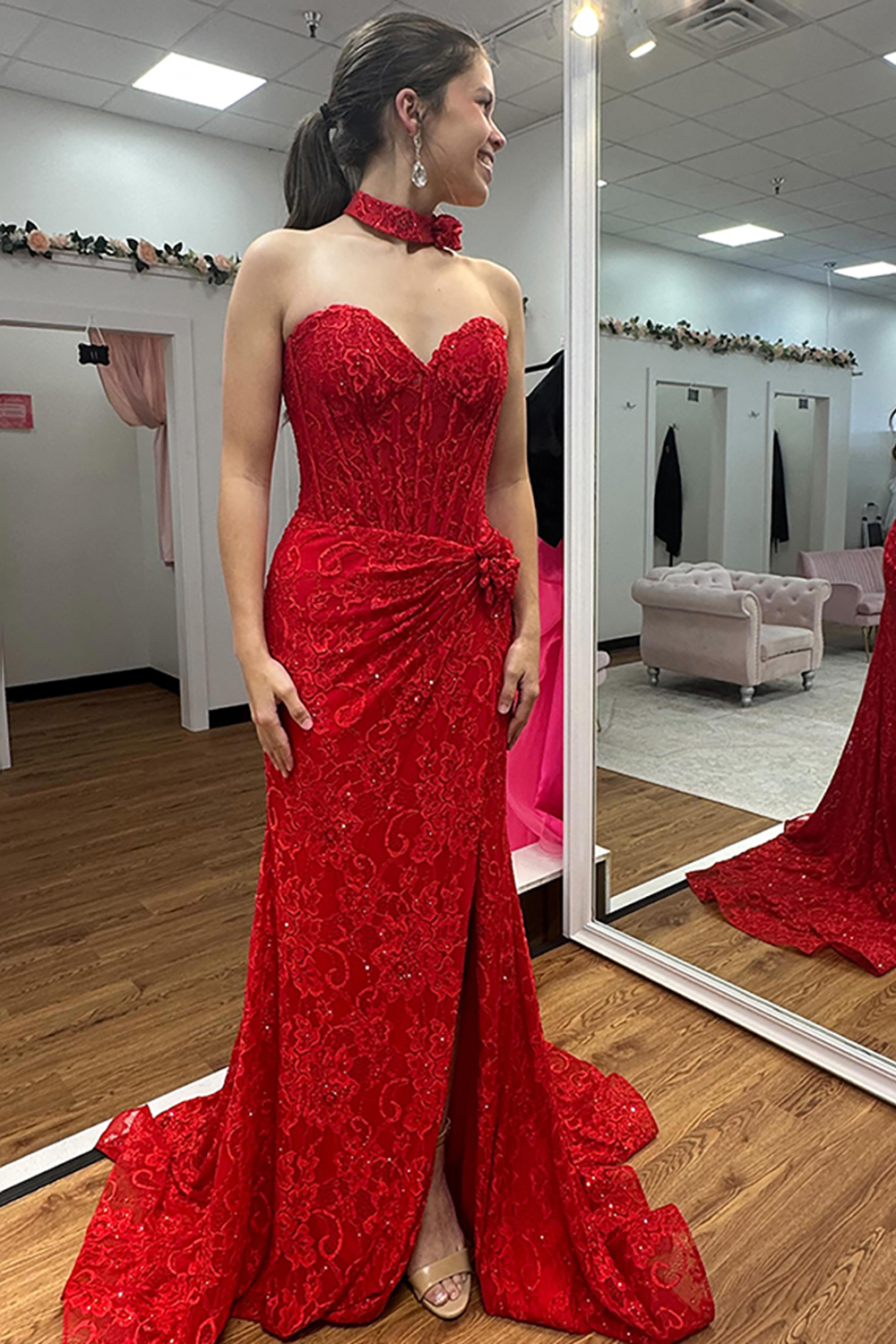 Red Corset Lace Mermaid Long Prom Dress with Slit
