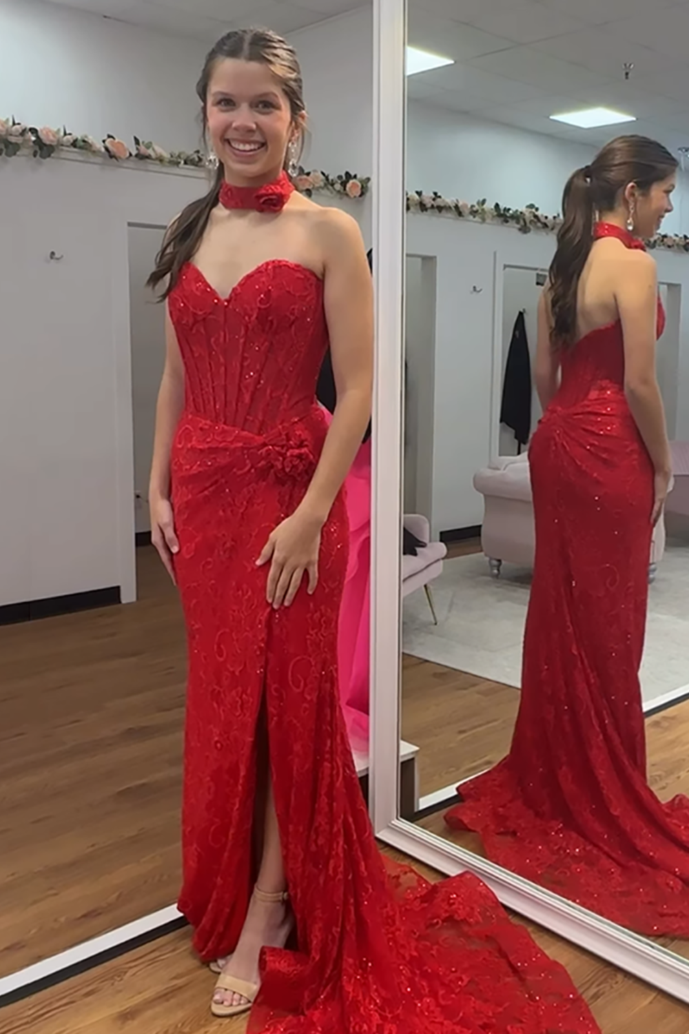 Red Corset Lace Mermaid Long Prom Dress with Slit