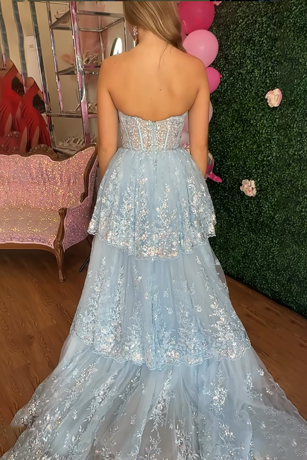 Sparkly Light Blue Tiered Corset Ruffled Long Prom Dress with Cape