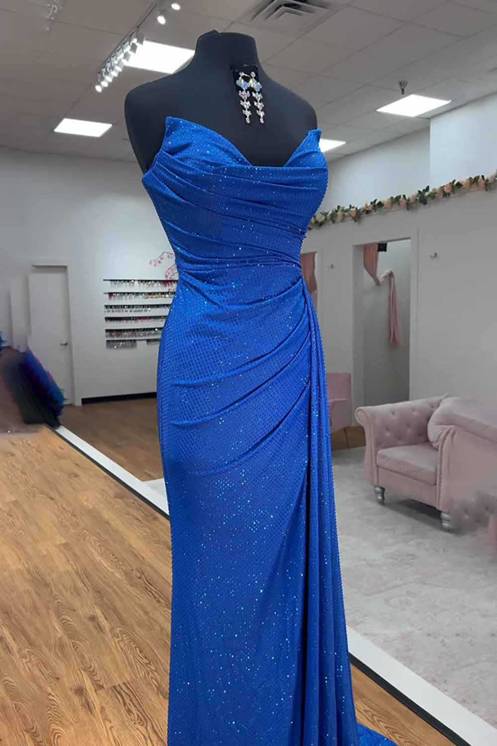 Sparkly Royal Blue Sweetheart Mermaid Beaded Long Prom Dress with Side Cape