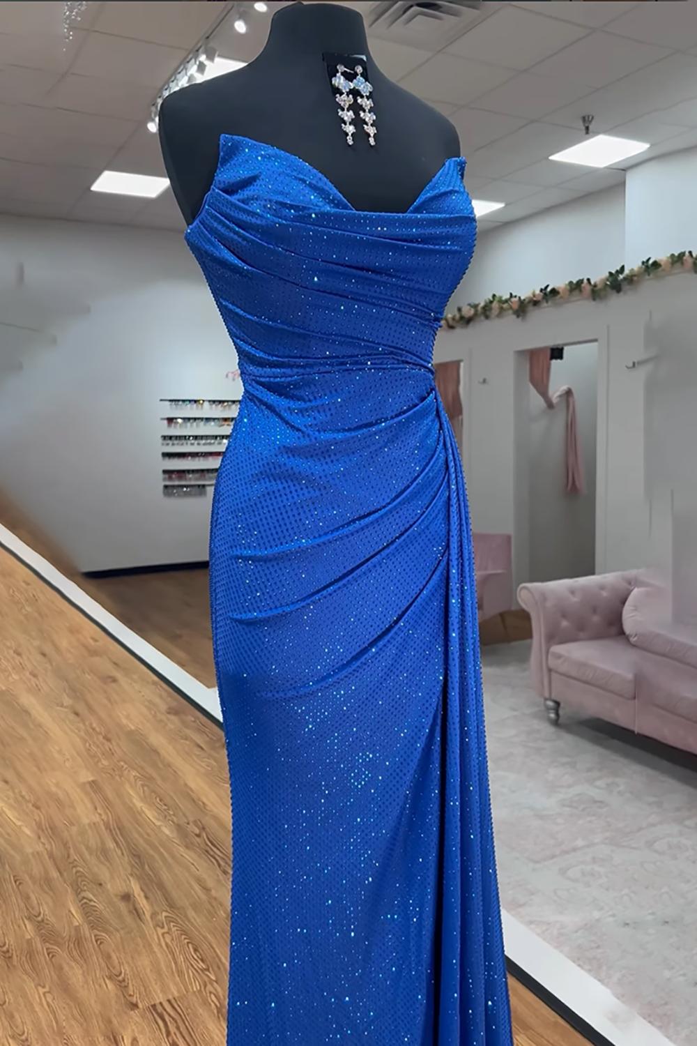 Sparkly Royal Blue Sweetheart Mermaid Beaded Long Prom Dress with Side Cape