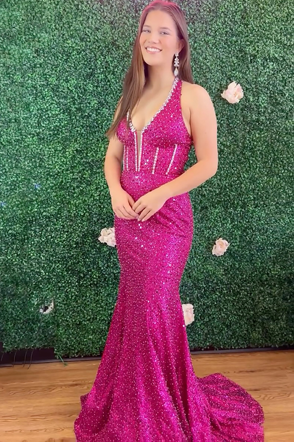 Sparkly Fuchsia Halter Mermaid Corset Long Prom Dress with Beading