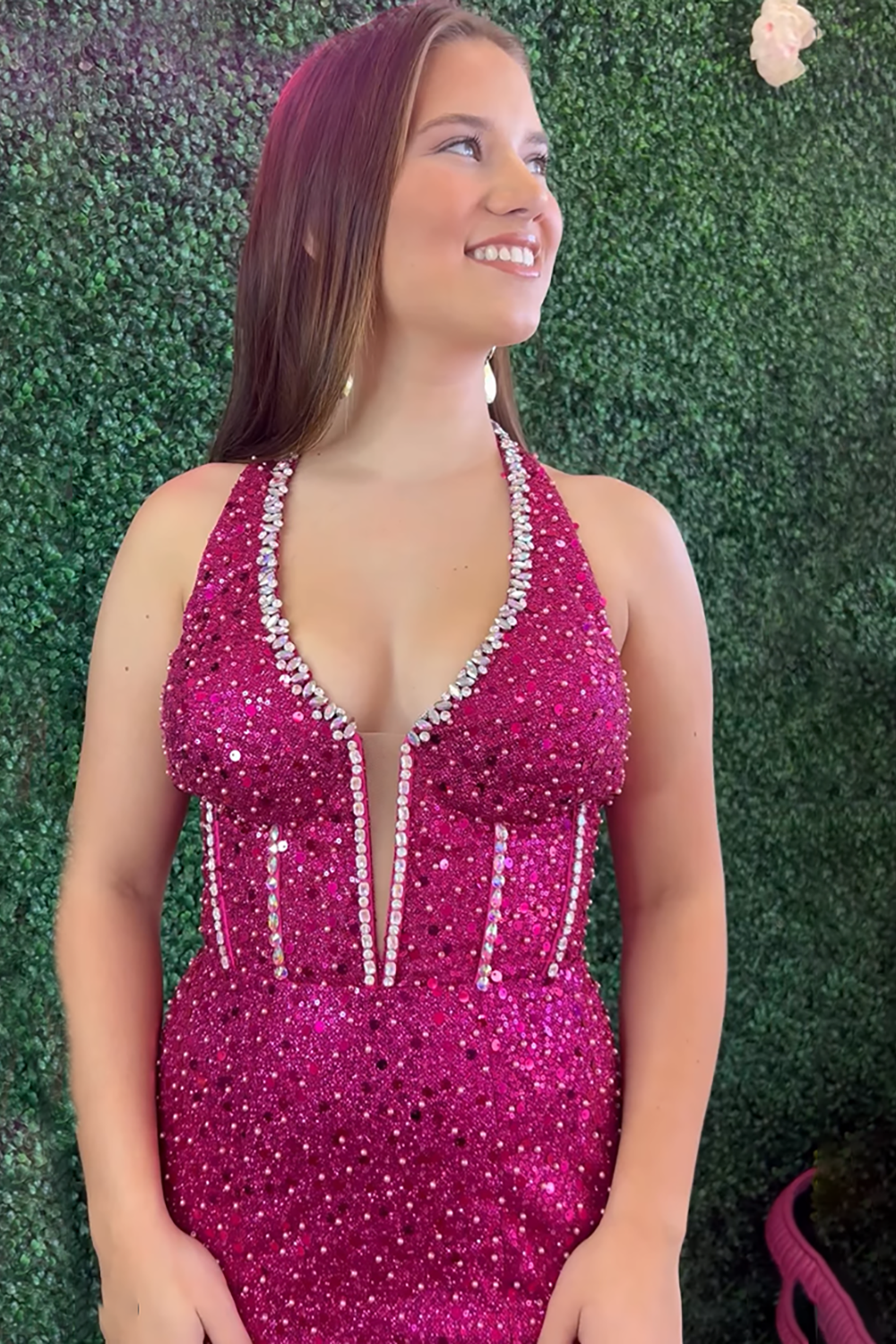 Sparkly Fuchsia Halter Mermaid Corset Long Prom Dress with Beading