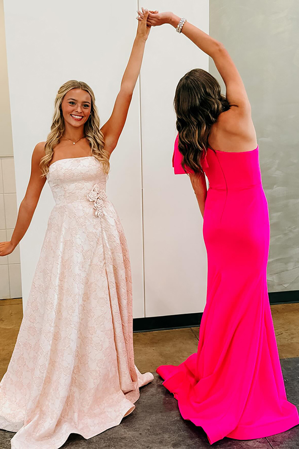 Floral Pink Jacquard Corset Strapless A Line Long Prom Dress