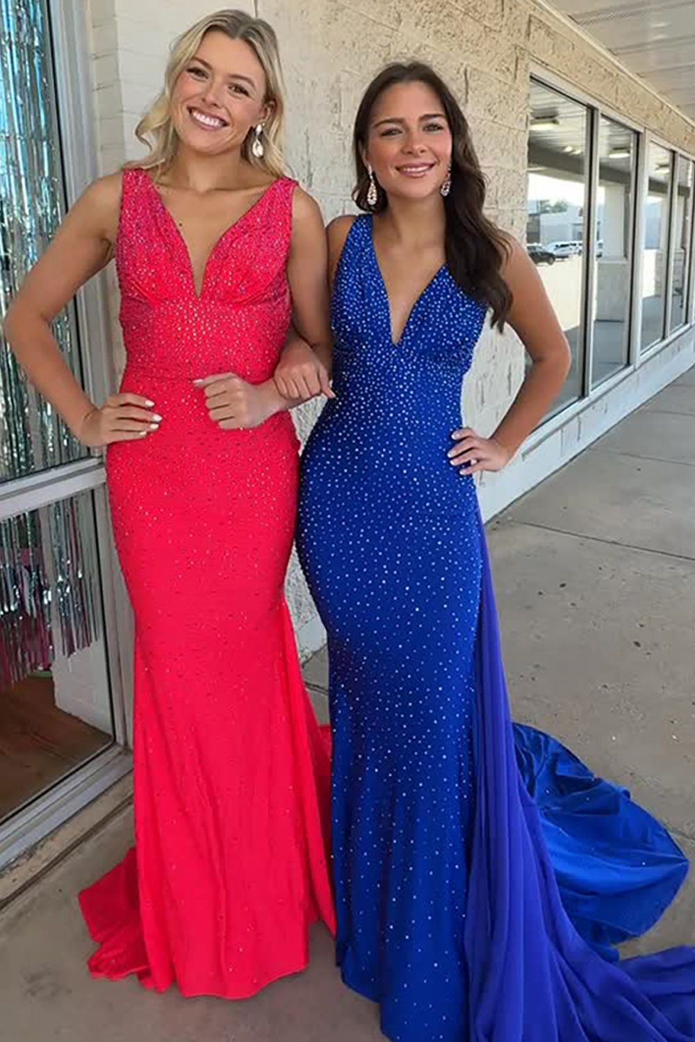 Sparkly Red V-Neck Mermaid Beaded Long Prom Dress with Cape