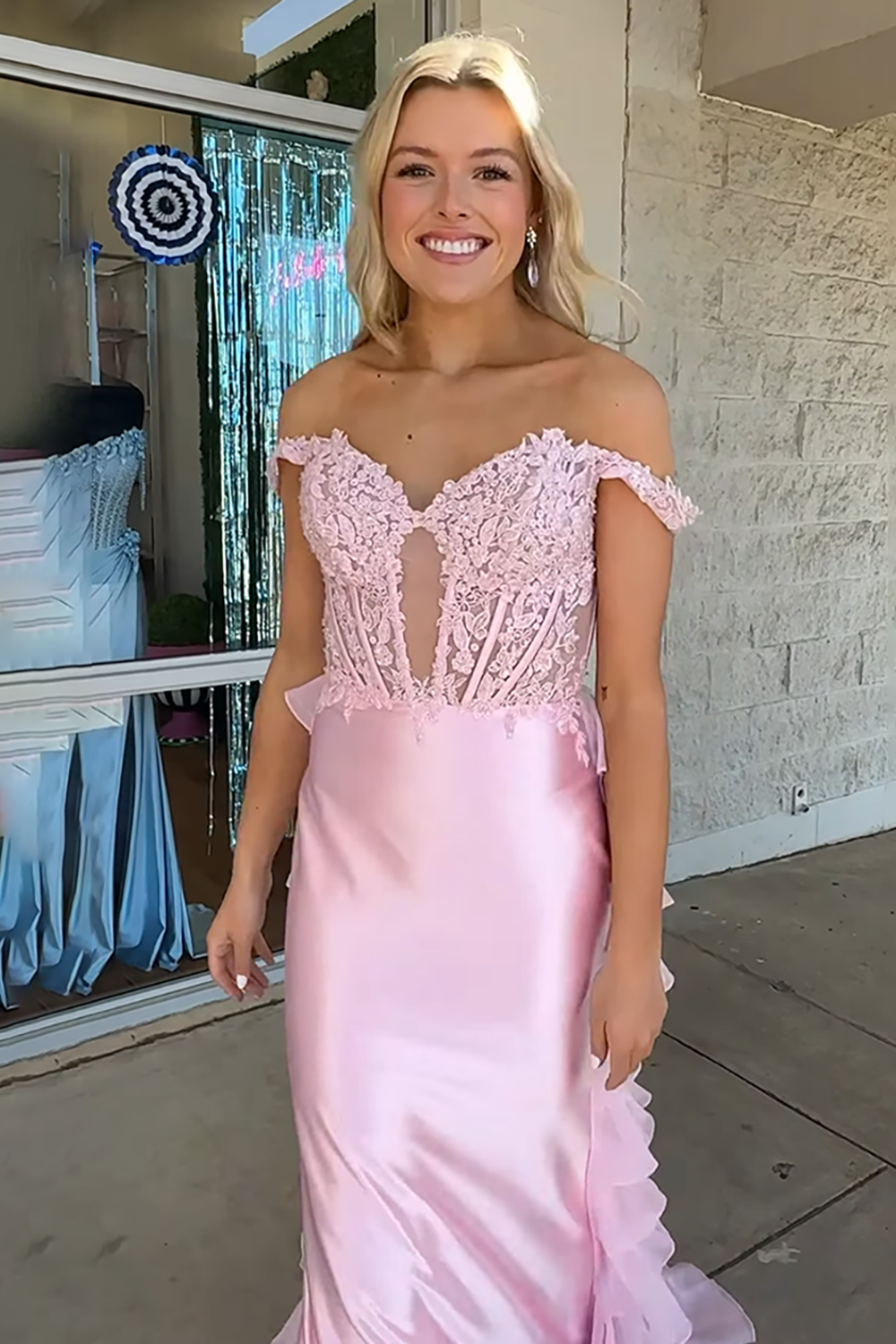 Pink Off the Shoulder Ruffled Corset Long Prom Dress with Lace