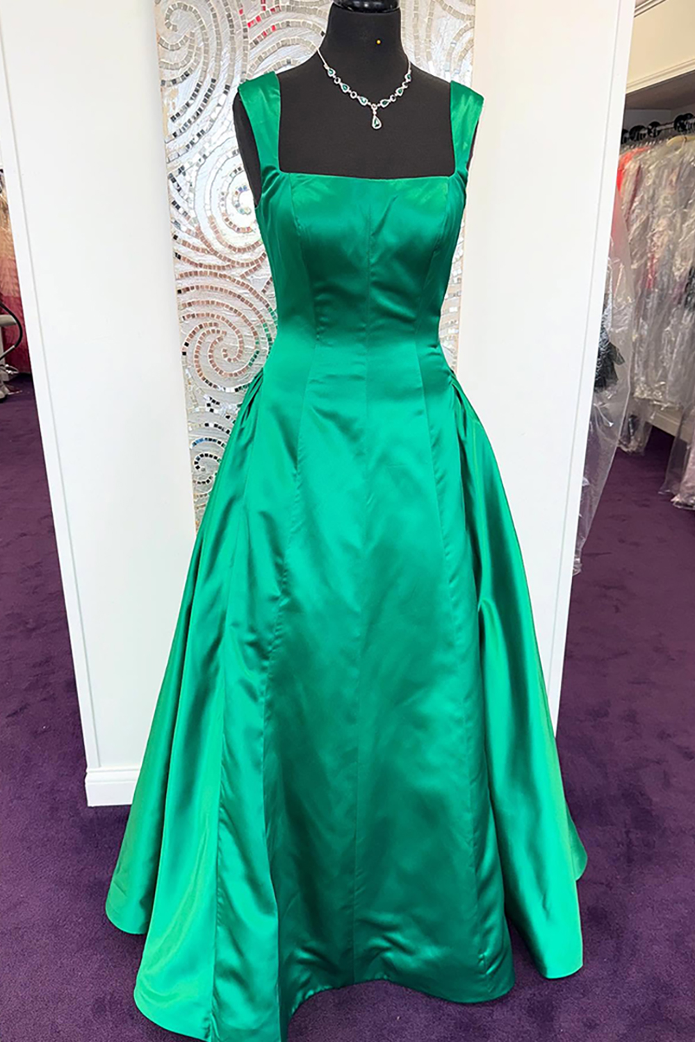 Emerald Green Square Neck A-Line Long Prom Dress