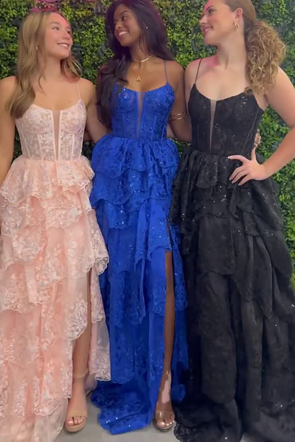 Sparkly Black A-Line Corset Tiered Ruffled Spaghetti Straps Long Prom Dress with Slit