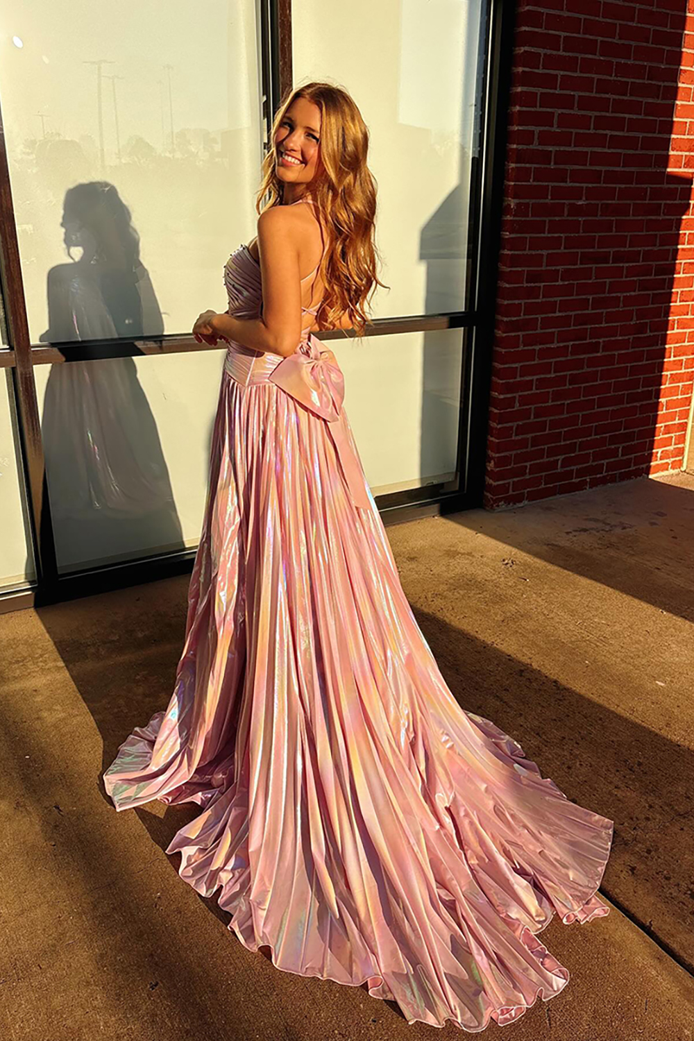Sparkly Pink Spaghetti Straps A-Line Beaded Long Prom Dress with Slit