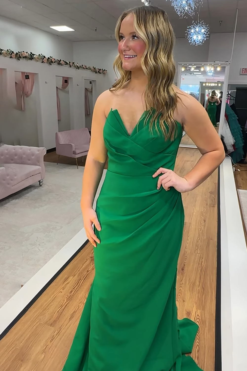 Green Strapless Mermaid Ruched Long Prom Dress
