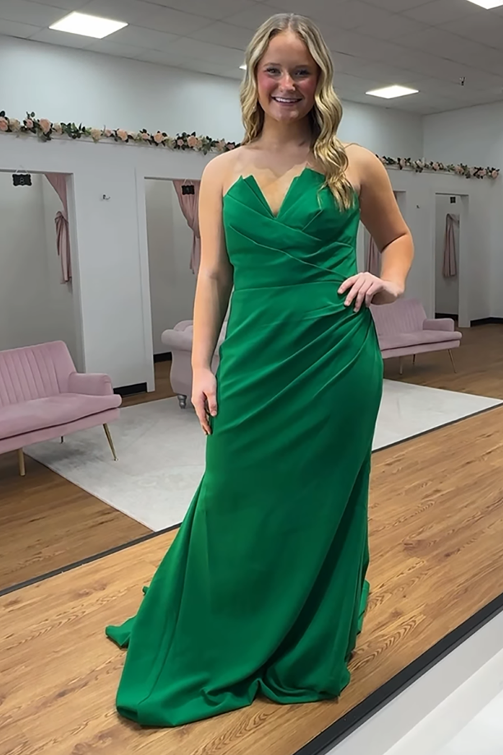 Green Strapless Mermaid Ruched Long Prom Dress