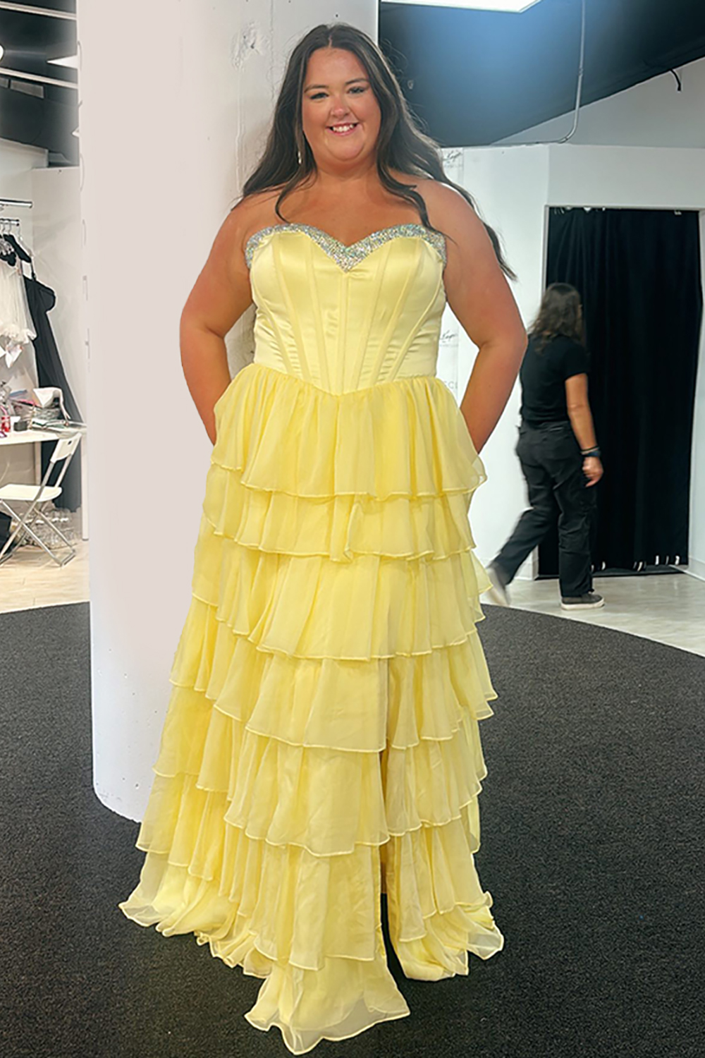 Sparkly Yellow Corset Tiered Ruffled Long Prom Dress with Slit