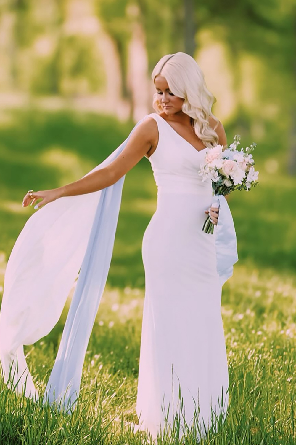 White V-Neck Long Wedding Dress with Cape