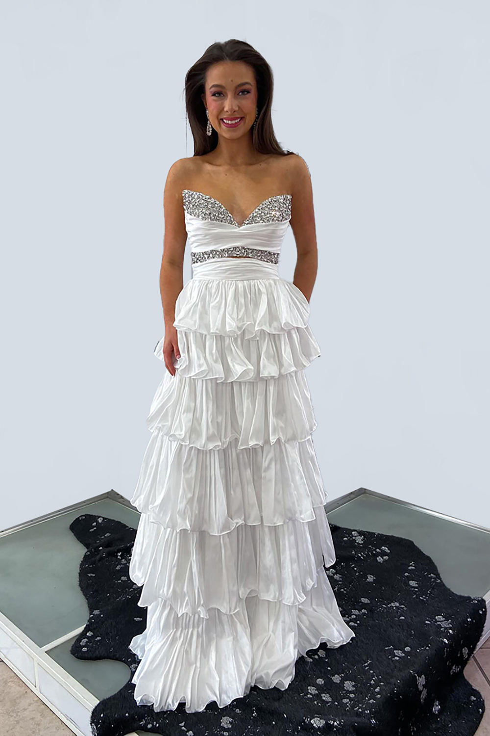 Sparkly White Beaded Sweetheart A-Line Long Prom Dress with Ruffles