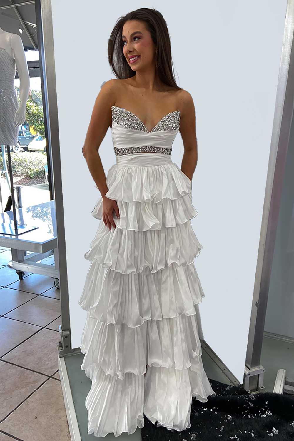 Sparkly White Beaded Sweetheart A-Line Long Prom Dress with Ruffles
