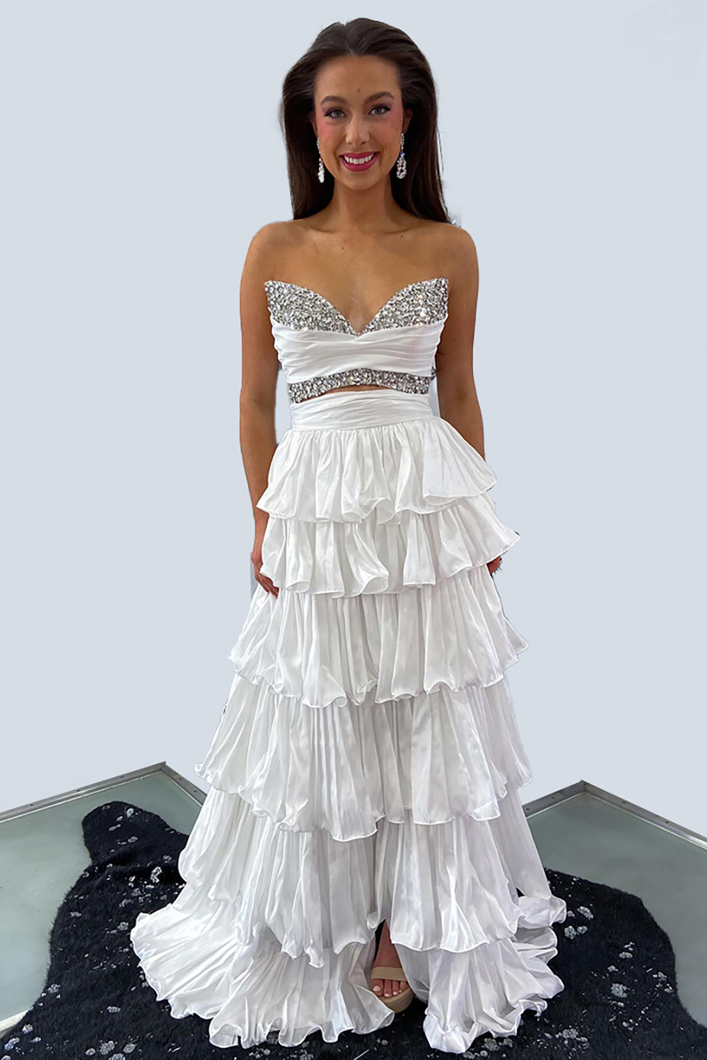Sparkly White Beaded Sweetheart A-Line Long Prom Dress with Ruffles