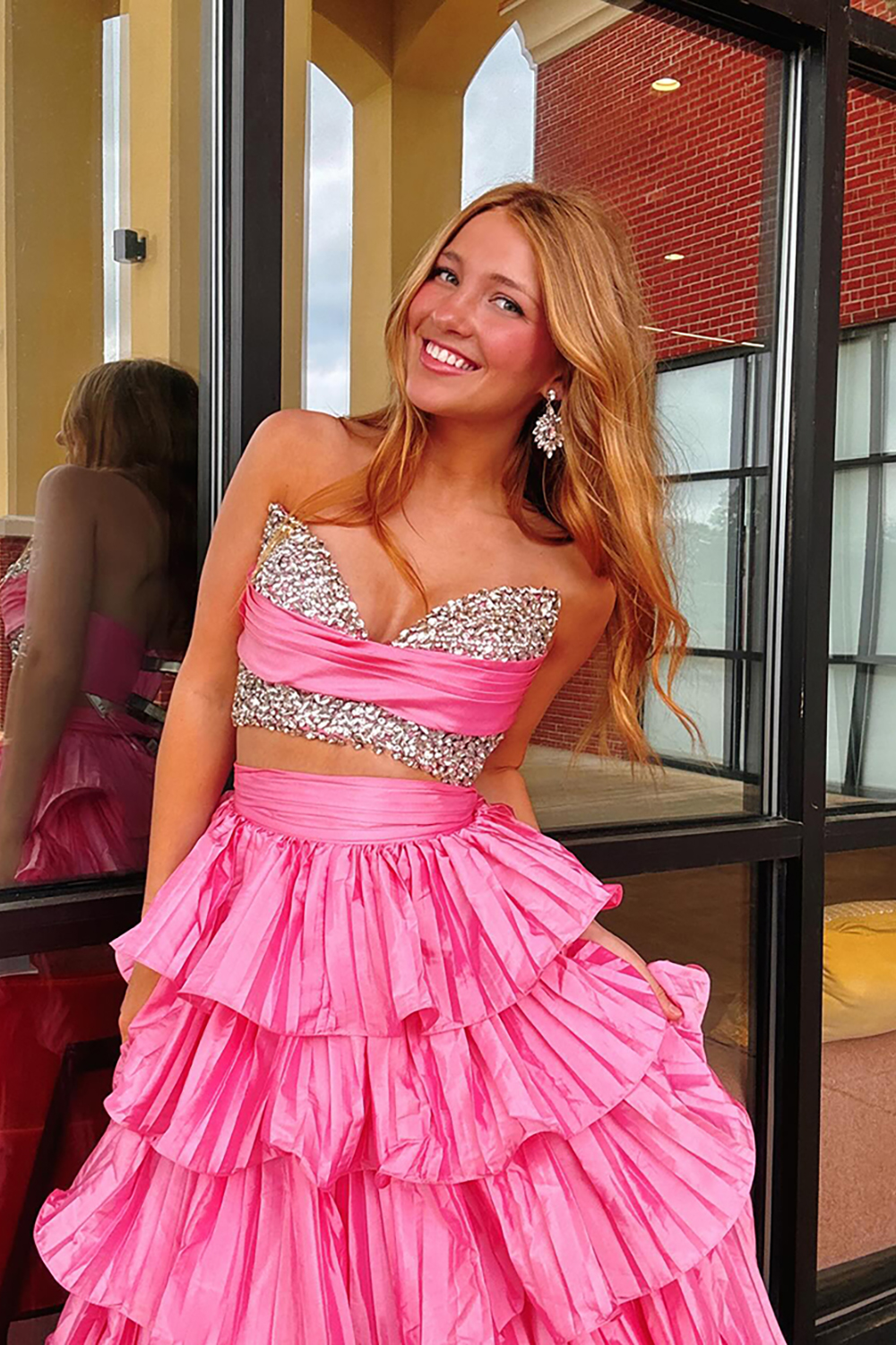 Sparkly Pink Beaded Sweetheart A-Line Tiered Long Prom Dress with Ruffles