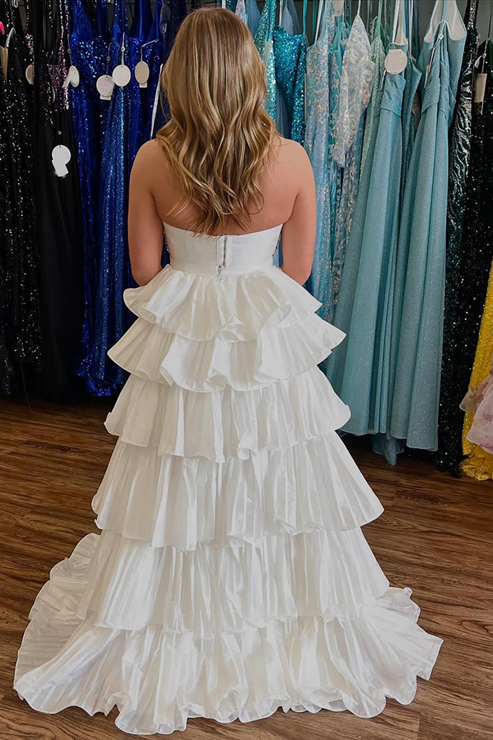 Sparkly Pink Beaded Sweetheart A-Line Tiered Long Prom Dress with Ruffles