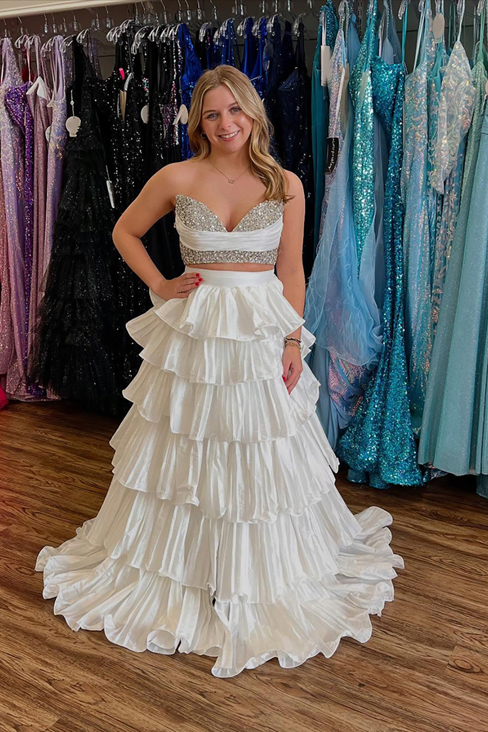 Sparkly Pink Beaded Sweetheart A-Line Tiered Long Prom Dress with Ruffles