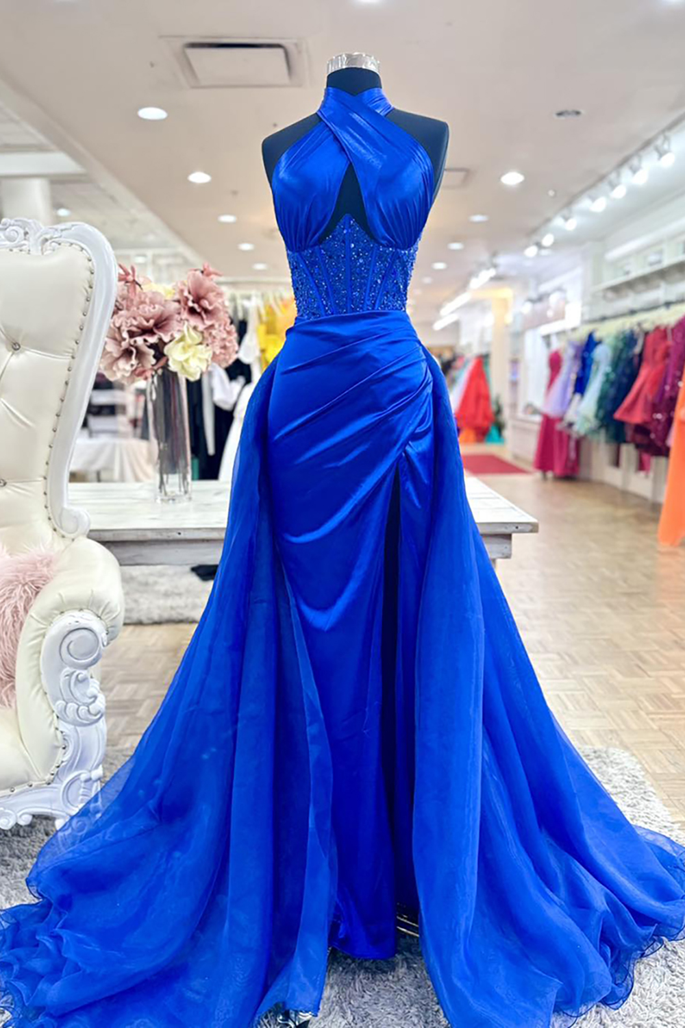 Sparkly Royal Blue Beaded Mermaid Long Corset Prom Dress with Slit