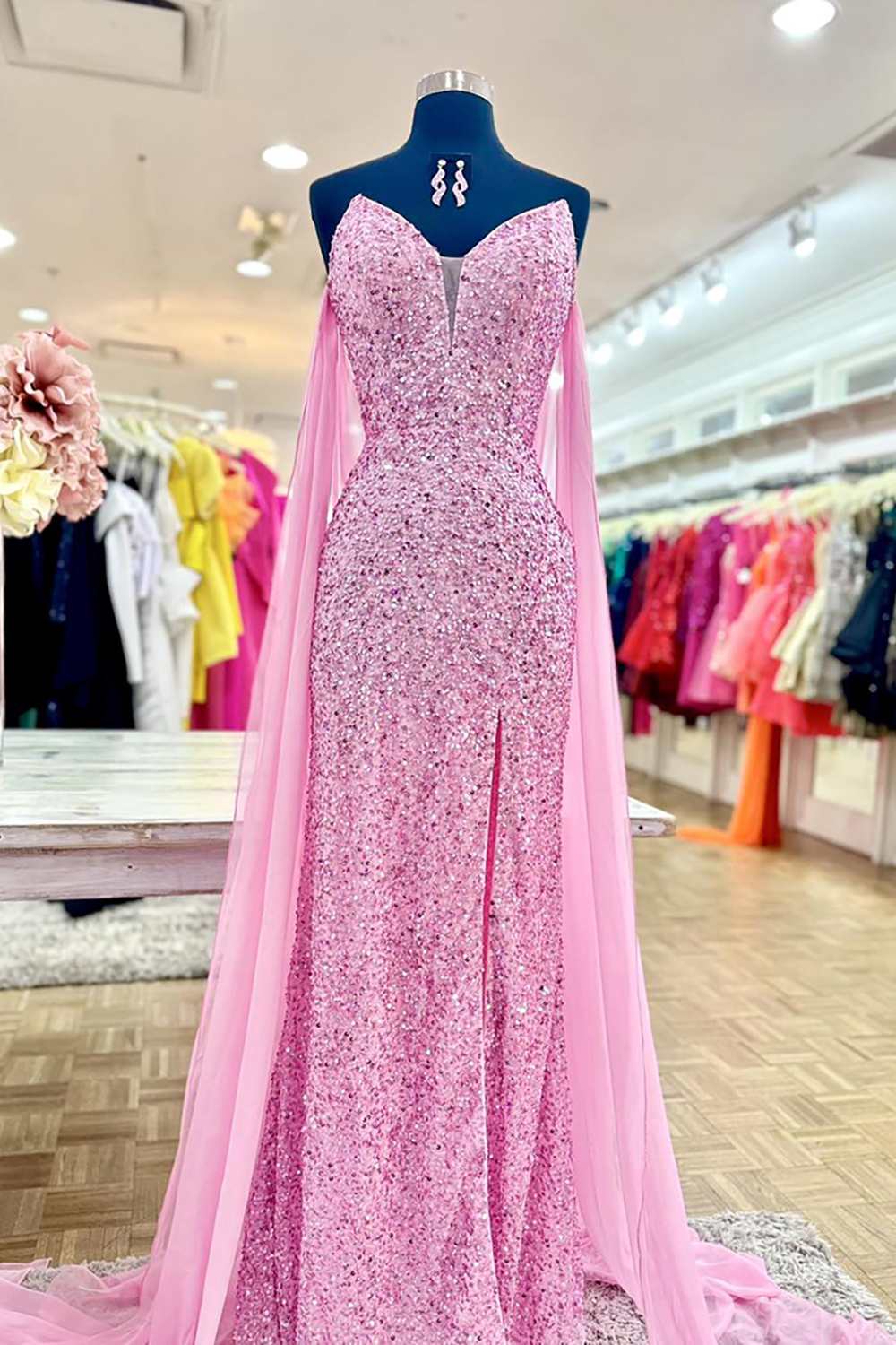 Sparkly Pink Beaded Mermaid Sweetheart Long Prom Dress with Slit