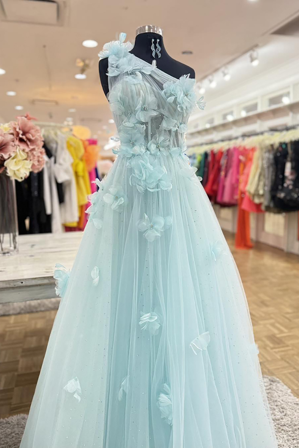 Sparkly Light Green Floral Tulle Long Corset Prom Dress with Beading