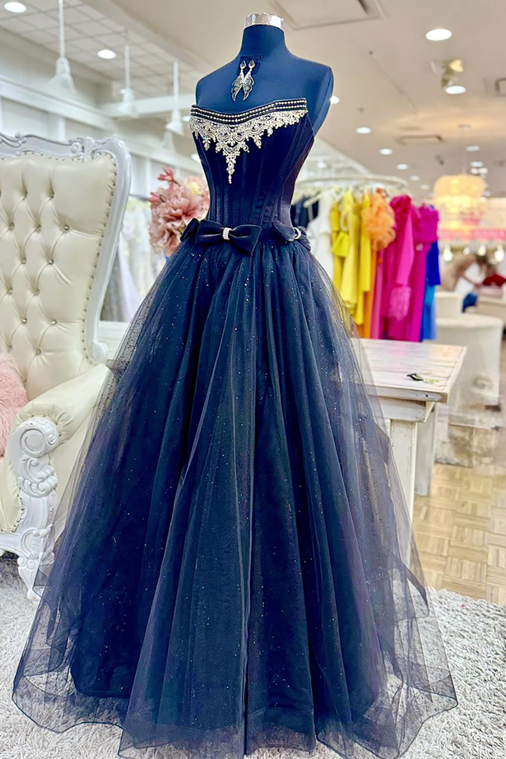 Sparkly Black Beaded Tulle Glitter A-Line Long Corset Prom Dress with Bows