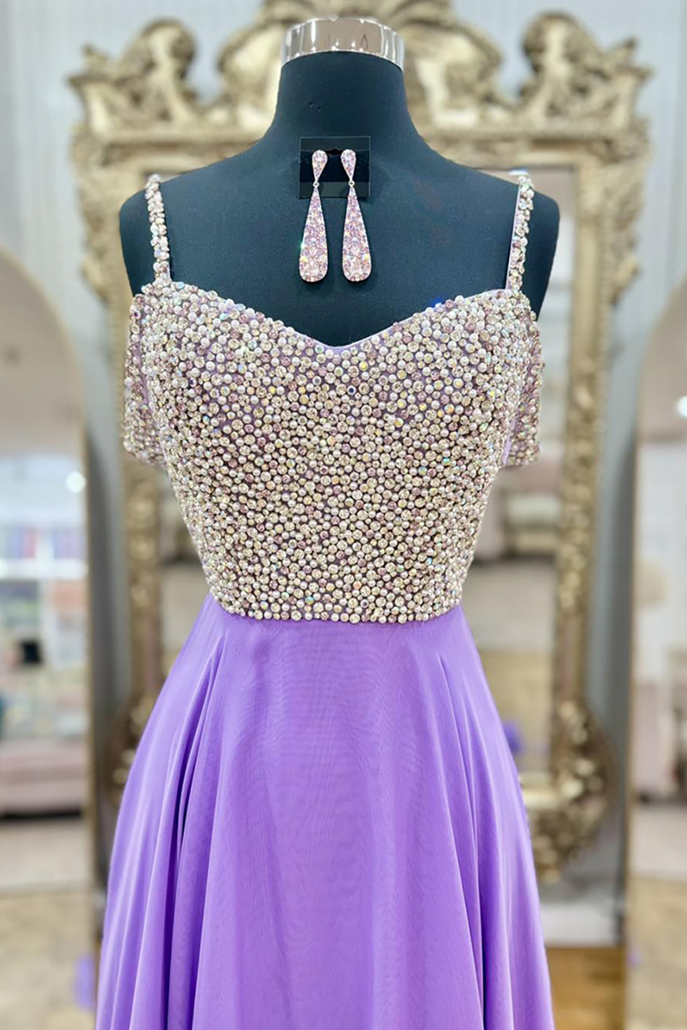 Sparkly Lavender Spaghetti Straps A-Line Beaded Long Prom Dress