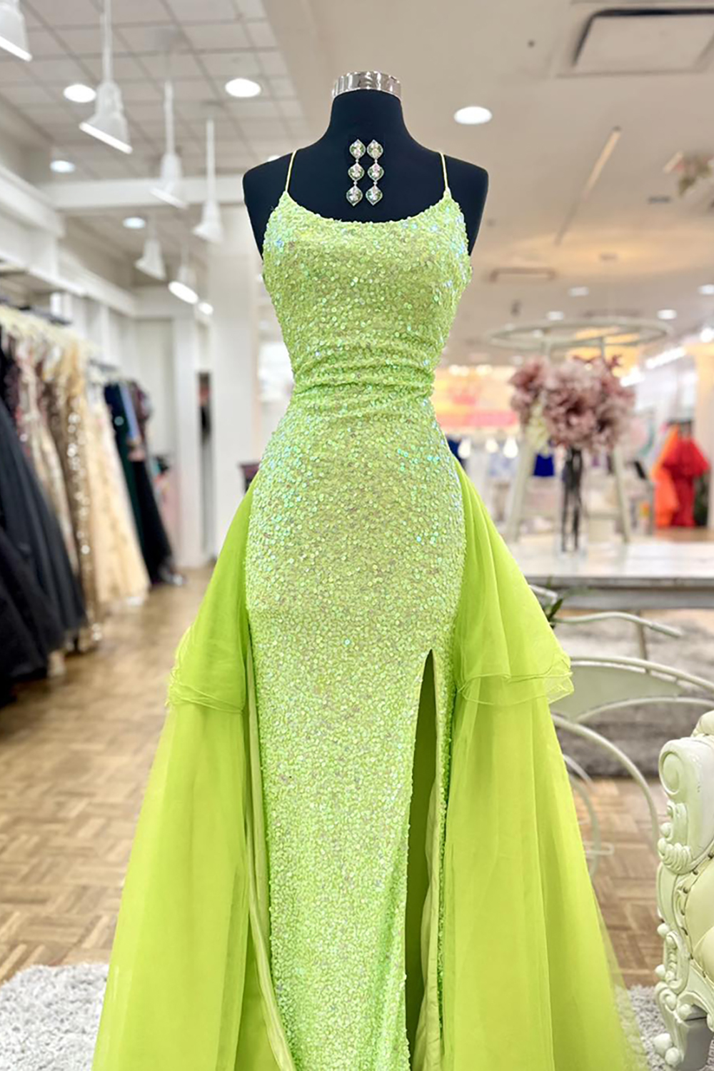 Sparkly Green Spaghetti Straps Sequin Mermaid Long Prom Dress with Slit