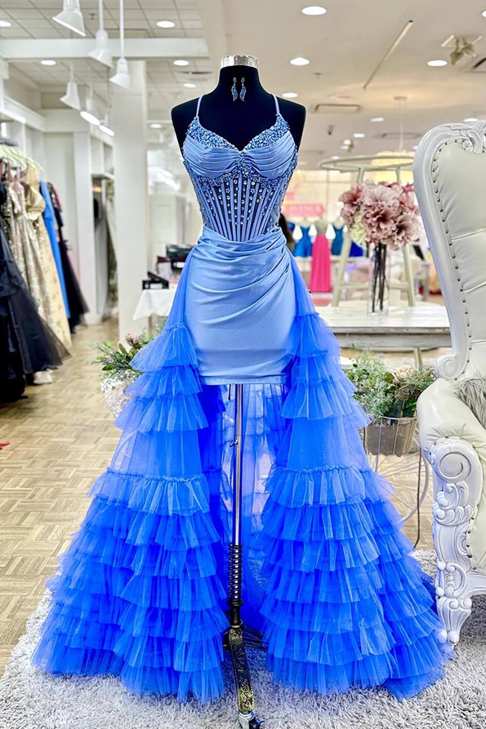 Sparkly Blue Beaded Tiered Tight Short Corset Homecoming Dress with Ruffles